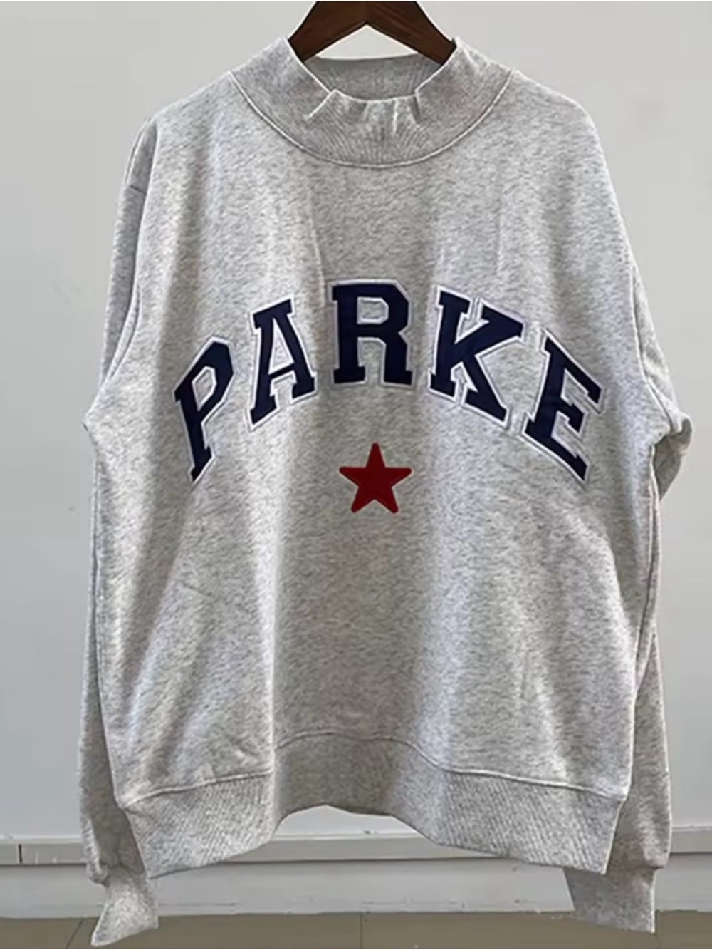 PARKE Grey Crewneck Sweatshirt with Navy Lettering and Red Star